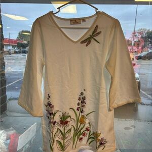 Quacker Factory Cream Tan Embellished Tunic 3/4 Sleeve